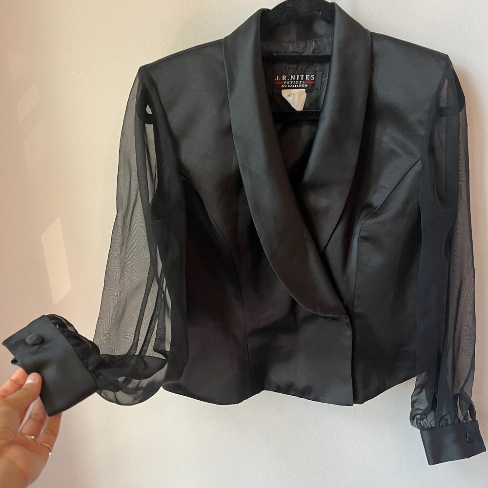 Black Satin Evening Structured suit blouse with Organzasleeves